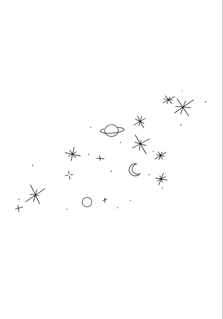 a black and white drawing of stars and planets flying through the air with one star in the sky