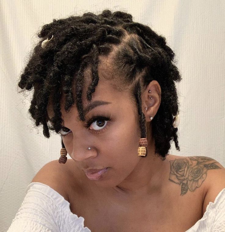 Dread Cornrow Styles, Styled Short Locs Black Women, Medium Starter Locs Short 4c Hair, Mid Loc Styles, Locs Style Short Hair, Lox Hairstyles Short, Formal Loc Styles Black Women Short, Short Dreadlocks Hairstyles For Women, Loc Hairstyles Short Locs