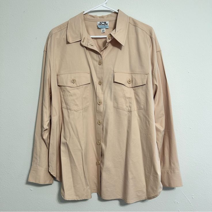 This Shirt Has So Much Versatility! It Can Go Grunge Or More Sophisticated Depending On How You Style It. The Monotone Color And Buttons Make It A Great Staple Piece In Your Wardrobe. No Flaws! True To Size. Future Collective Is A Target Brand. Women's Khaki Shirt, Cheap Button-up Shirt With Flap Pockets, Target Brands, Staple Pieces, Make It, Button Downs, Button Down Shirt, Target, Womens Tops