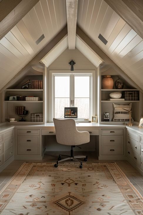 an attic home office with built - in desk and storage cabinets, carpeted floor