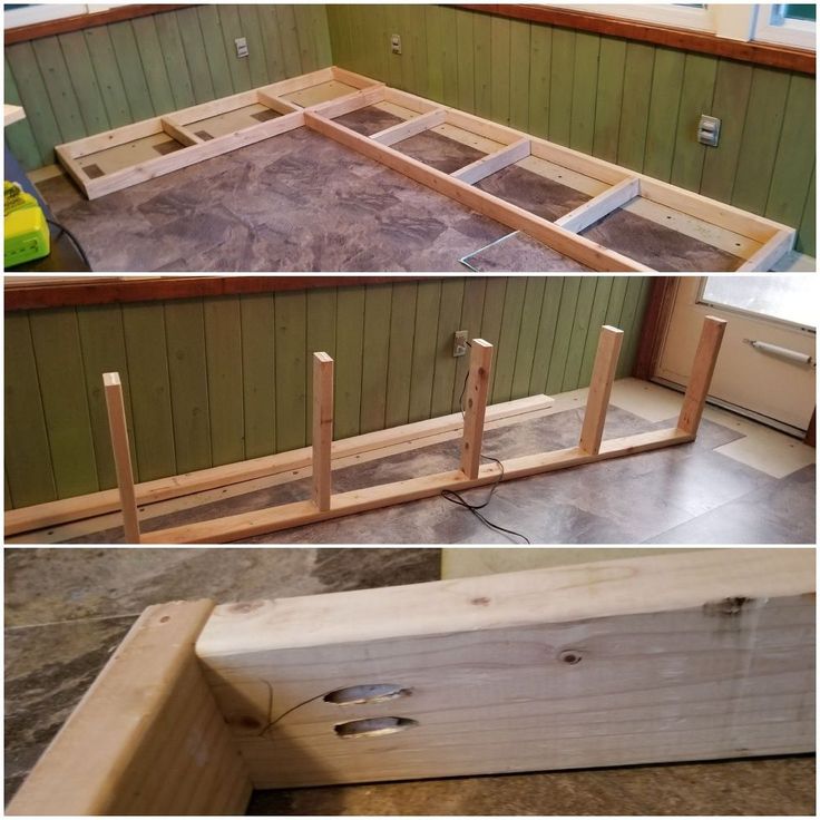 two pictures showing the process of building a bed frame