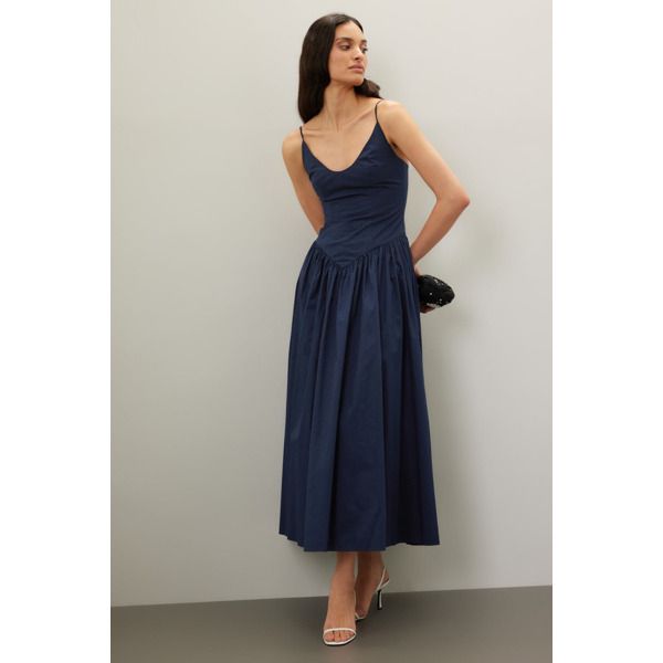 Blue cotton (59% Viscose, 40% Nylon, 1% Elastane). Gown. Sleeveless. V-neck. Back zipper closure. 57" from shoulder to hemline. Imported. Zipper Skirt, Rent The Runway, Closet Designs, Strapless Bra, Drop Waist, Fitted Bodice, Flare Skirt, Bodice, V Neck