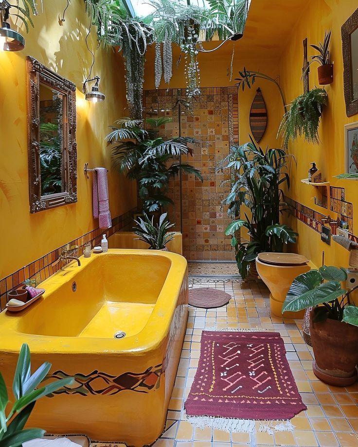 a bathroom with yellow walls and tiled flooring, potted plants on the wall