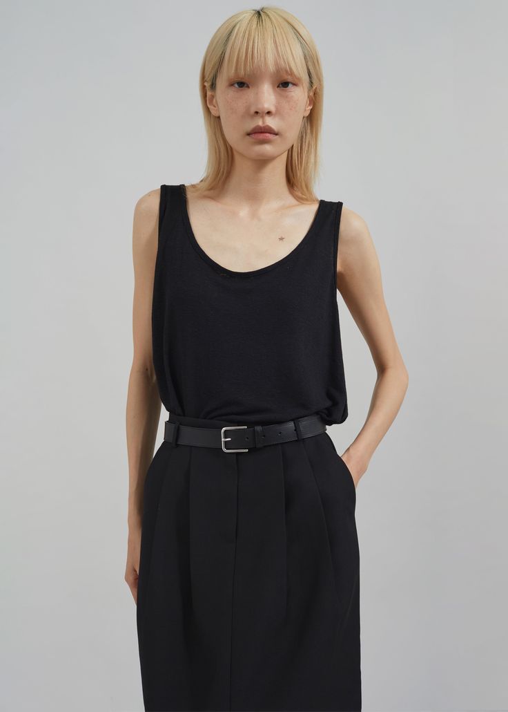 Color: Black  Lightweight linen blend fabric  Regular fit Scoop neck  Sleeveless Slip-on style Unlined 55% Linen 45% Rayon Machine Wash Cold By The Frankie Shop. Imported Chic Fitted Allsaints Midi Dress, Long Pencil Skirt, The Frankie Shop, Frankie Shop, Scoop Neck Tank Top, Simple Tees, Crop Shirt, Black Crop Tops, Black Tank Tops