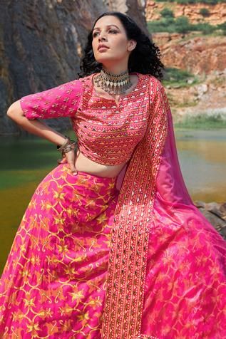 Shop for Pooja Rajgarhia Gupta Pink Georgette Embellished Lehenga Set for Women Online at Aza Fashions Hot Pink Lehenga, Pink Lehenga, Embellished Blouse, Hem Blouse, Yellow Print, Pink Sequin, Hand Work, Garment Bags, Aza Fashion