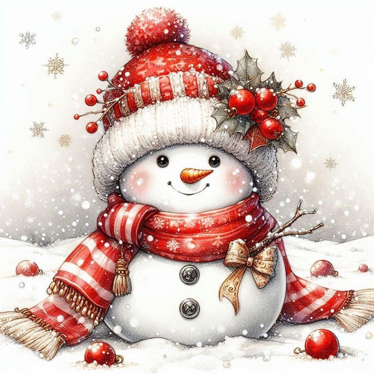 a snowman wearing a red and white hat, scarf and mittens with holly berries on his head