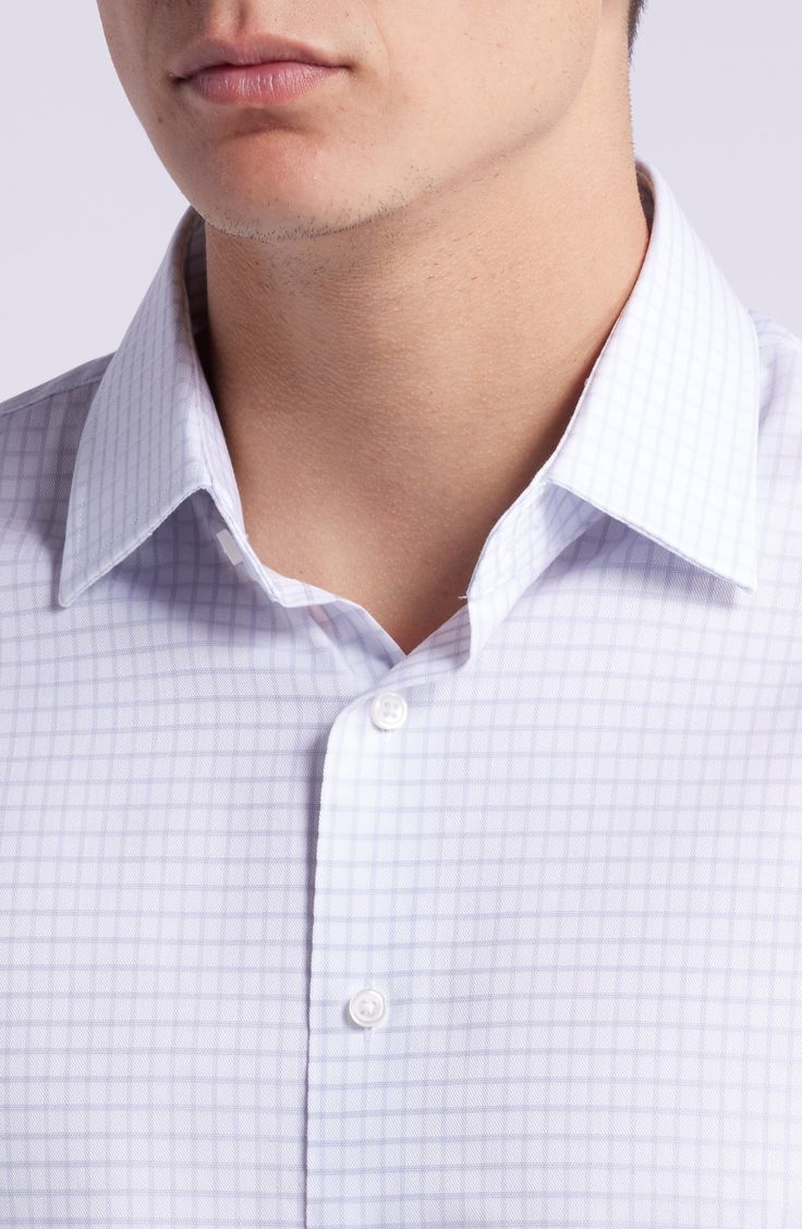 Always look polished in this trim-fit dress shirt cut from easy-care cotton twill patterned in a minimalist grid. French placket Spread collar Rounded, adjustable button cuffs 100% cotton Machine wash, tumble dry Imported Classic Fitted Plaid Shirt, Classic Plaid Fitted Shirt, Plaid Fitted Classic Shirt, Business Plaid Shirt With Spread Collar, Formal Plaid Collared Shirt, Fitted Plaid Dress Shirt For Work, Formal Plaid Button-up Shirt, Fitted Plaid Button-up Dress Shirt, Spring Office Plaid Shirt