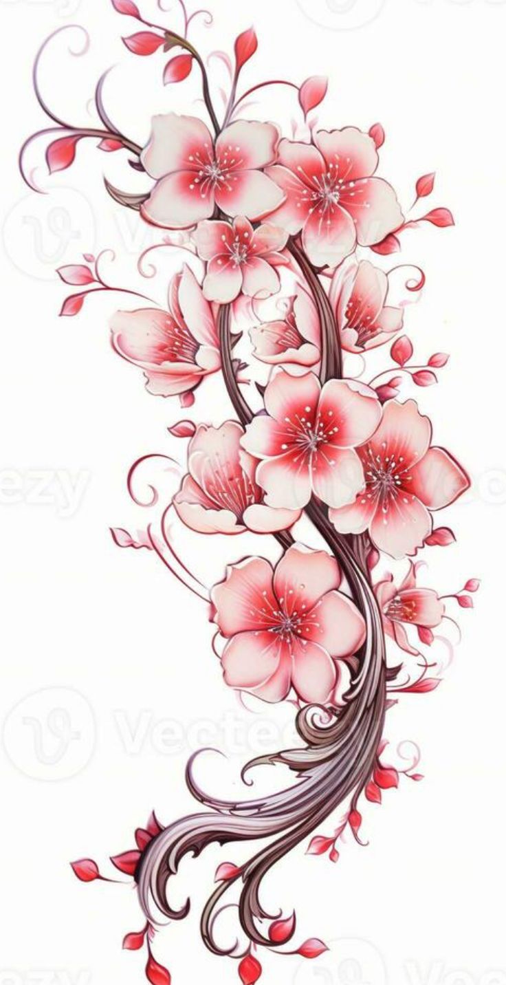 a drawing of pink flowers on a white background