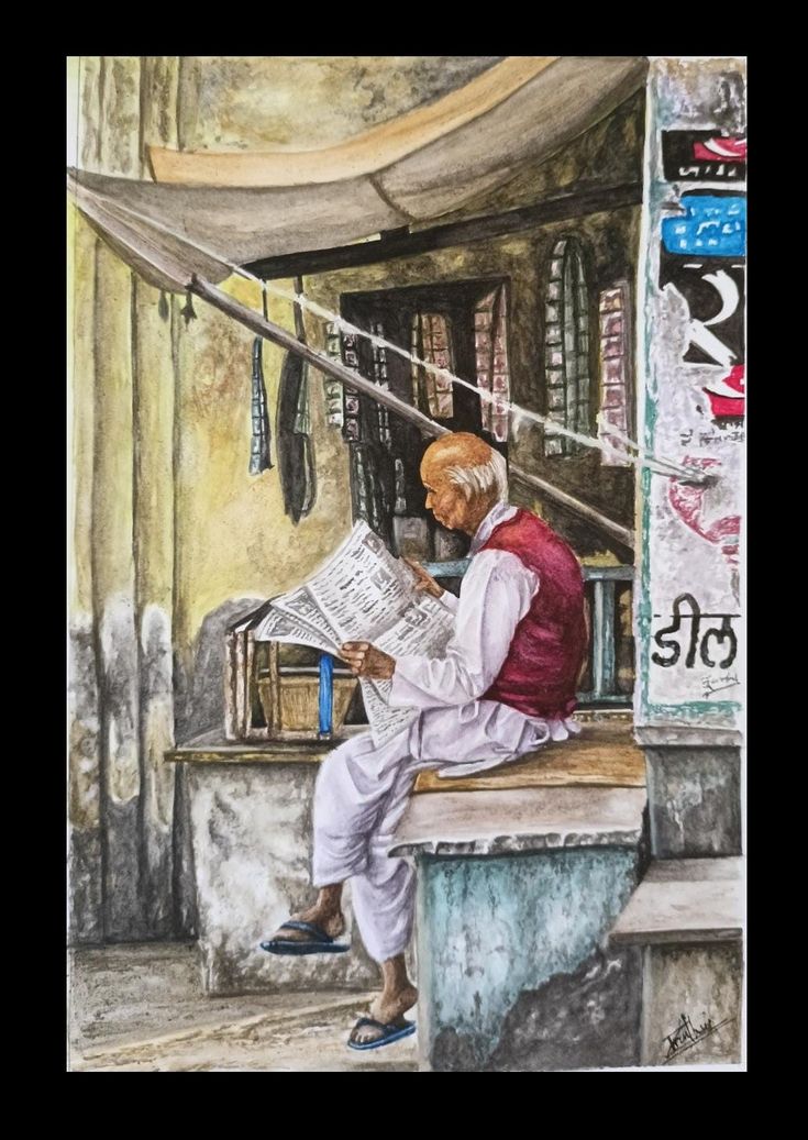 a painting of a man sitting on a bench reading the paper while holding a newspaper