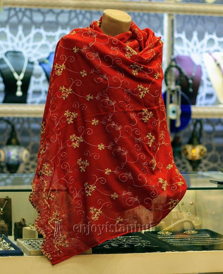 Turkish Embroidered Shawl - enjoyistanbul.com Elegant Dupatta With Gold Embroidery For Traditional Ceremonies, Elegant Gold Embroidery Dupatta For Festivals, Elegant Gold Embroidered Dupatta For Festivals, Multicolor Embroidered Shawl With Traditional Drape, Transitional Festive Embroidered Pashmina Shawl, Embroidered Pashmina Shawl For Transitional Seasons, Red Pashmina Shawl With Resham Embroidery For Festivals, Red Embroidered Pashmina Shawl, Elegant Pashmina Shawl With Intricate Embroidery For Festive Occasions