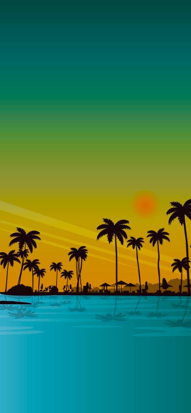 a tropical sunset with palm trees in the foreground and an island in the background