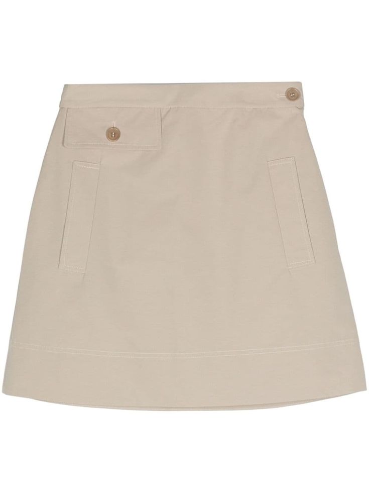 taupe beige cotton blend tonal stitching A-line high waist faux flap-pocket detail to the waistline two side welt pockets above-knee length full lining straight hem side button and zip fastening Beige Mini Bottoms With Pockets, Fitted Beige Mini Skirt With Pockets, Chic Beige Mini Skirt With Pockets, Beige Skort With Pockets For Work, Chic Fitted Beige Cargo Skirt, Short Lined Cargo Skirt For Workwear, Chic Short Length Cargo Skirt For Workwear, Fitted Beige Cargo Skirt With Pockets, Chic Short Cargo Skirt For Work