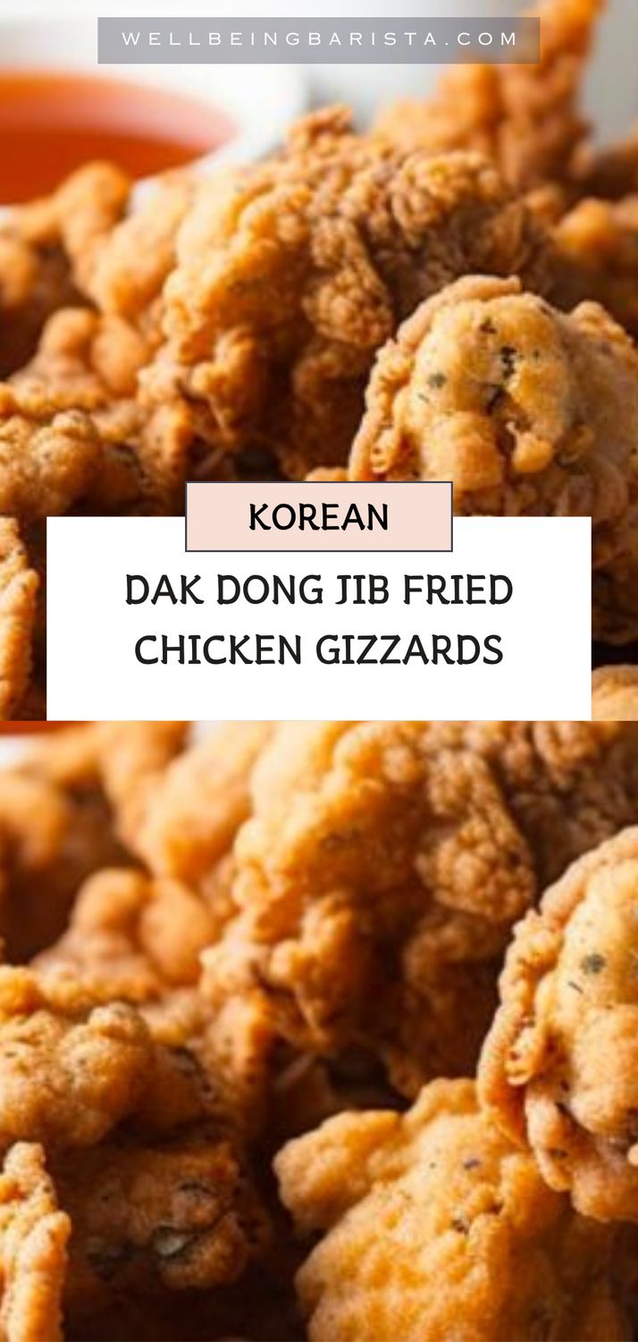 fried chicken with dipping sauce in the background and text overlay that reads korean dak dong tib fried chicken gizzards