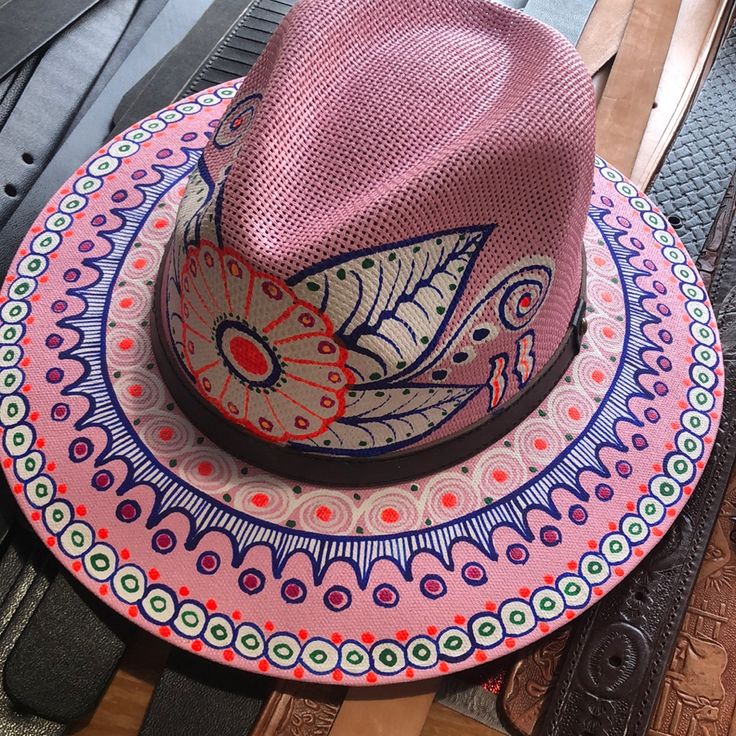 Cowboy Hat Unisex Size Medium Adjustable Band Pink Bohemian Fedora Hat, Pink Bohemian Fedora For Spring, Pink Fedora Hat For Festival, Handmade Pink Fedora With Flat Brim, Bohemian Pink Fedora With Flat Brim, Pink Bohemian Fedora With Flat Brim, Casual Pink Panama Hat With Curved Brim, Pink Fedora Sun Hat, Handmade Pink Fedora Sun Hat