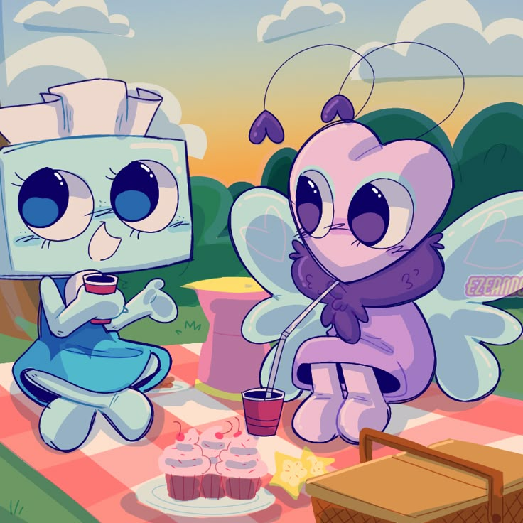 two cartoon characters sitting on a blanket with cupcakes