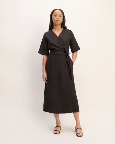 The Linen Short-Sleeve Wrap Dress Black – Everlane Elegant Short Sleeve Belted Dress With Tie Waist, Formal Short Sleeve Belted Dress For Summer, Formal Summer Belted Dress With Short Sleeves, Summer Formal Belted Dress With Short Sleeves, Short Sleeve Belted Dress For Work, Short Sleeve Belted Dress For Daywear, Belted Midi Linen Dress For Work, Summer Short Sleeve Belted Dress For Work, Summer Workwear Belted Dress With Short Sleeves