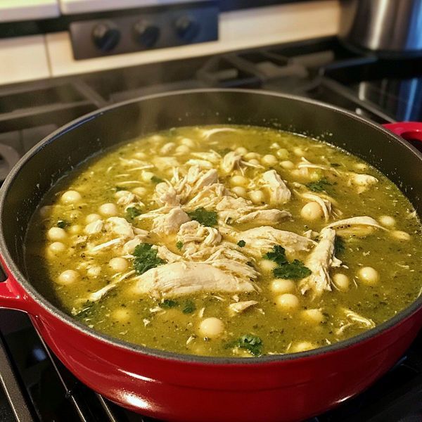 a red pot filled with chicken and beans on top of an oven burner next to a stove