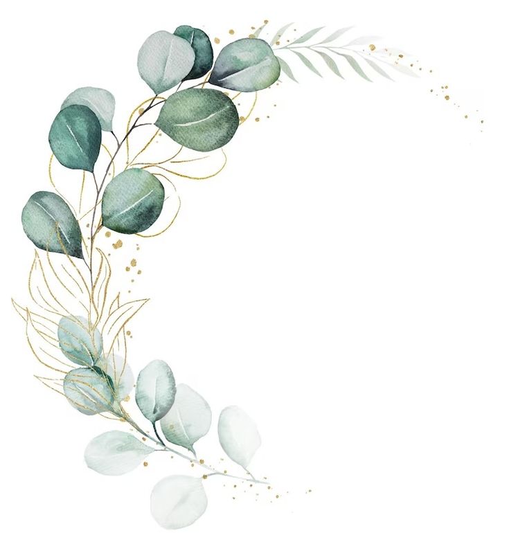 a watercolor painting of green leaves and gold glitters on a white background with space for text