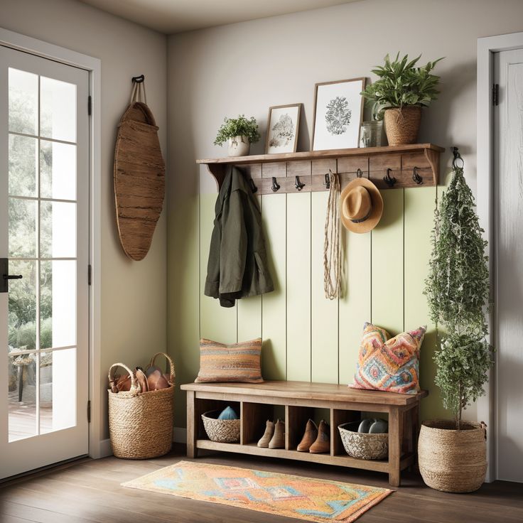 a wooden bench sitting next to a wall filled with potted plants and other items