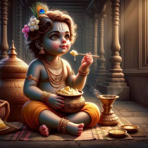 a painting of a baby sitting on the ground with food in his hand and eating from a bowl