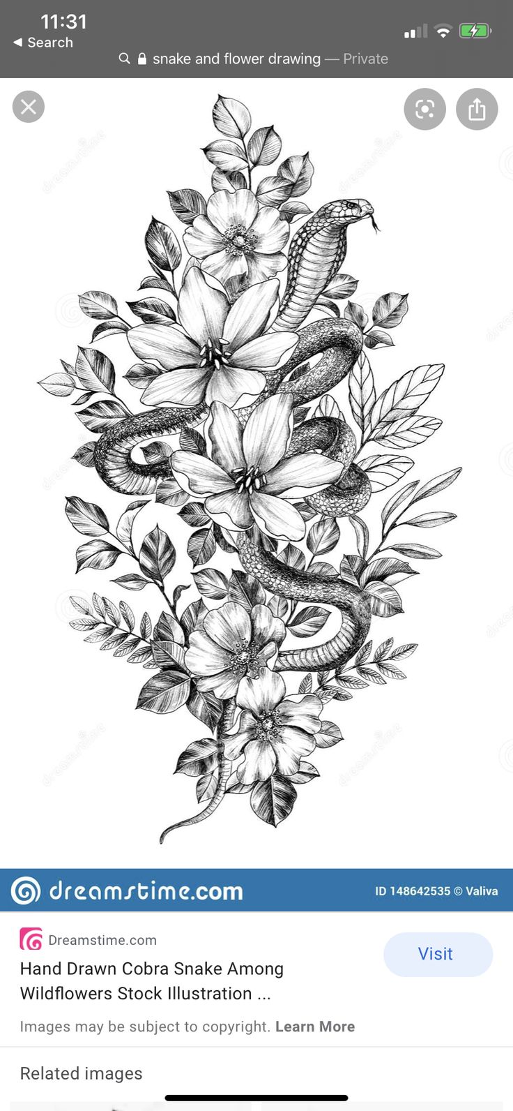 an iphone screen showing the drawing process for a snake and flowers tattoo design on it