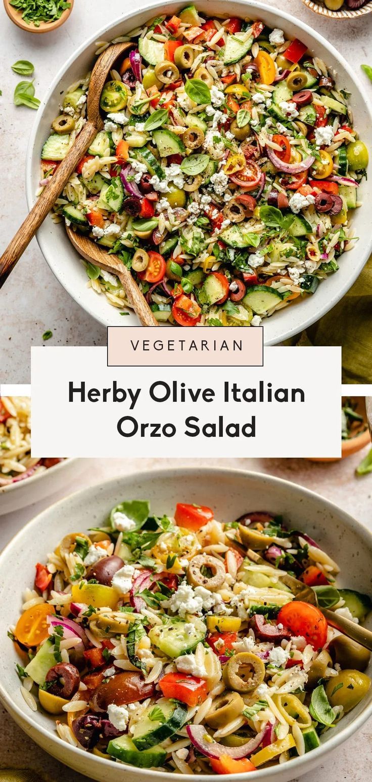 two bowls filled with different types of salads and the words, herb olive italian orzo salad