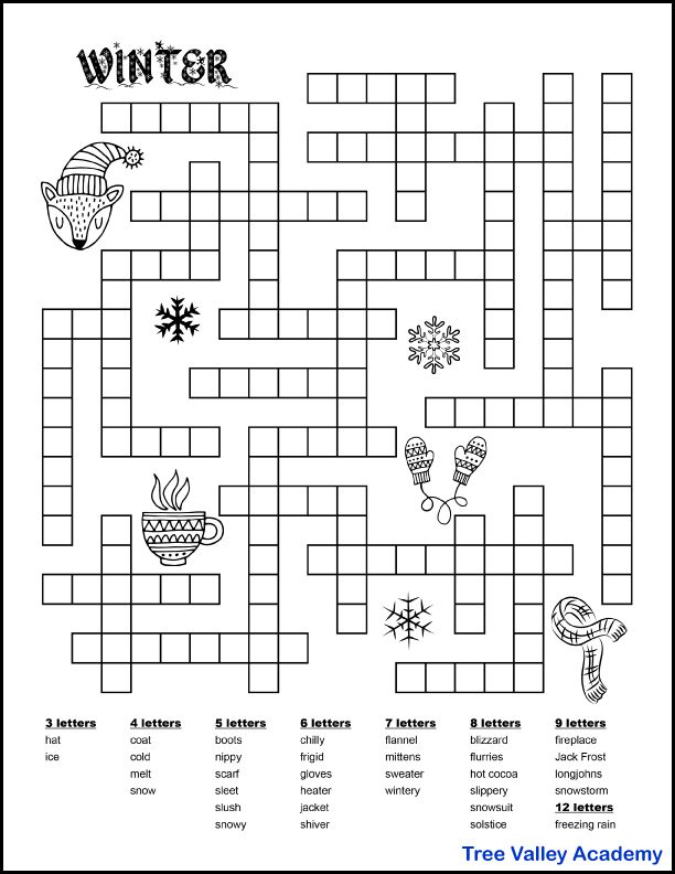 a crossword puzzle with the words winter and other things to see on it, as well