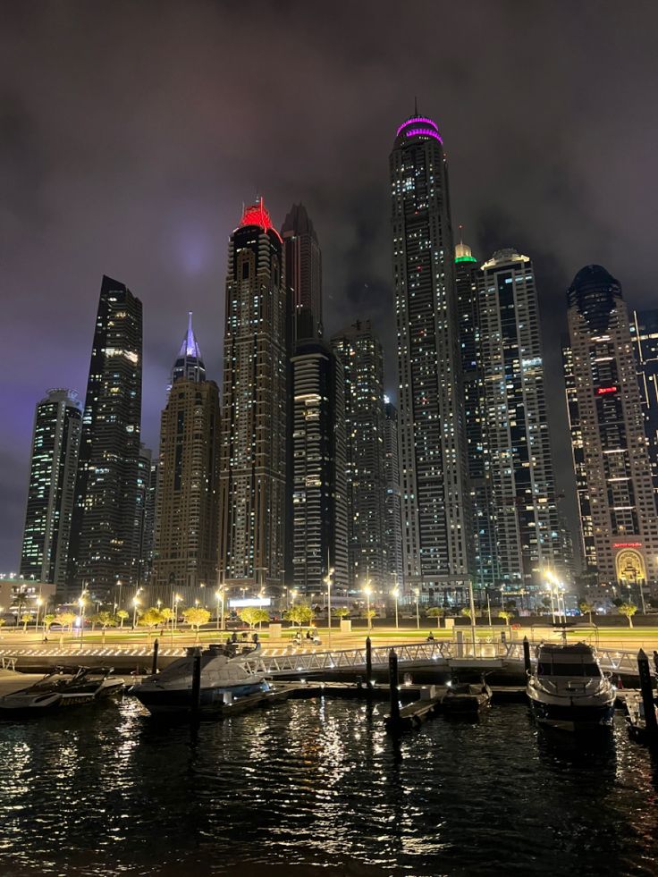 the city skyline is lit up at night, with boats docked in the foreground