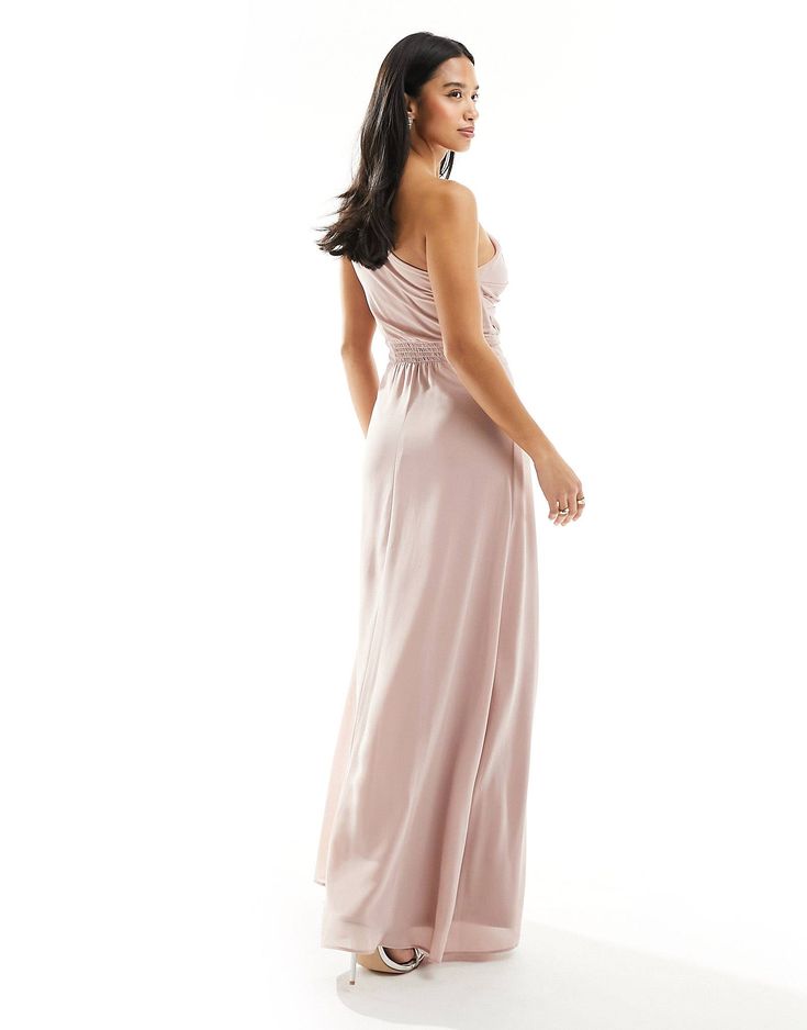 TFNC Petite Bridesmaid chiffon one shoulder drape maxi dress in soft pink | ASOS One Shoulder Pre-draped Maxi Dress For Prom, Pre-draped One Shoulder Maxi Dress For Prom, Chic One Shoulder Maxi Dress For Bridesmaids, Pink Off-shoulder Ruched Maxi Dress, Pink Ruched Off-shoulder Maxi Dress, Feminine Strapless Maxi Dress With Ruched Bodice, Feminine Strapless Maxi Dress For Bridesmaids, Pink One-shoulder Ruched Maxi Dress, Pink Strapless Maxi Dress For Bridesmaids