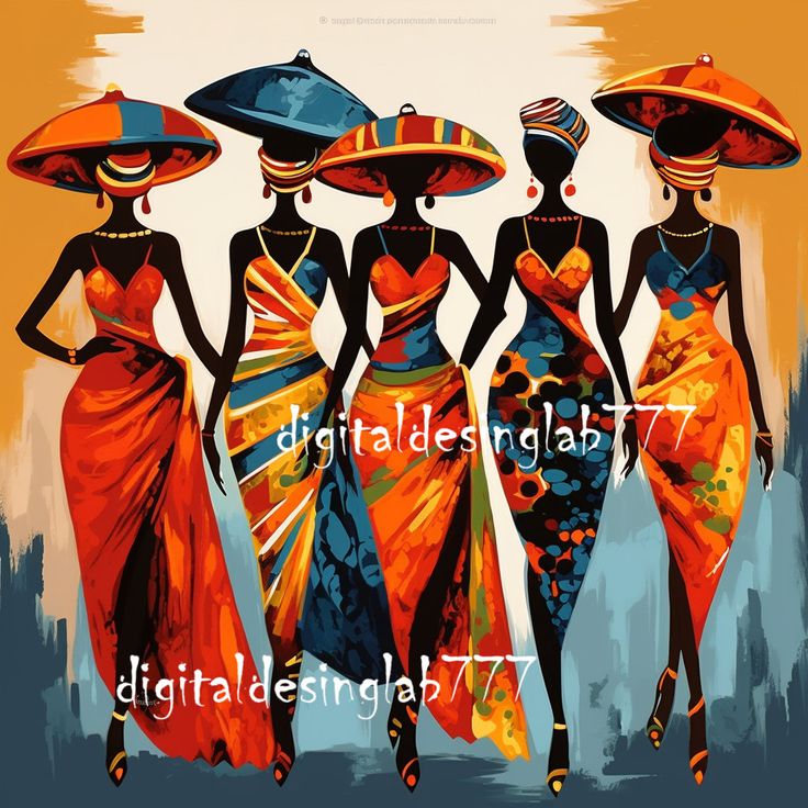 three women in colorful dresses and hats with the words digital design lab