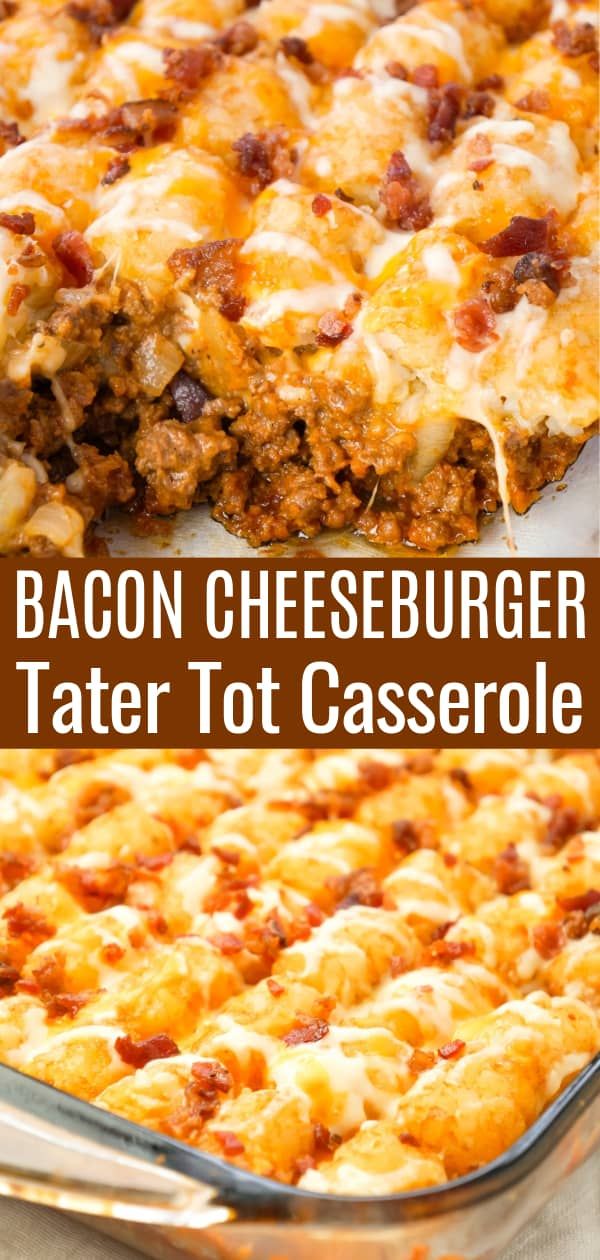 bacon cheeseburger tater tot casserole in a glass baking dish