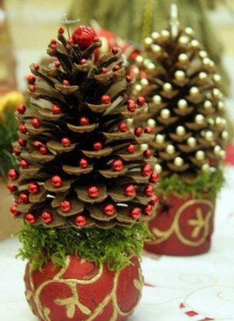 two small pine cones sitting on top of a table next to each other in red vases