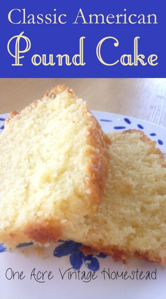 two pieces of pound cake on a blue and white plate with the words classic american pound cake