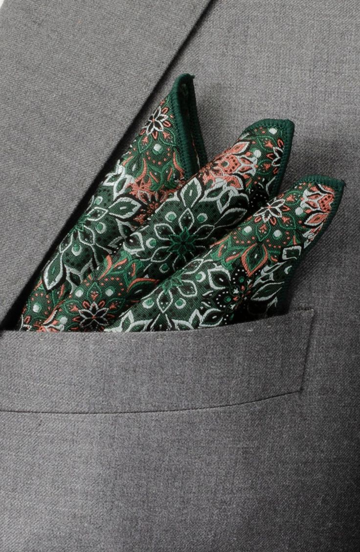 Paisley-inspired floral medallions bloom allover this silk pocket square, bringing dashing color to your formal looks. 11" square 100% silk Dry clean Imported Floral Tie And Pocket Square, Floral Pocket Square, Monogrammed Handkerchiefs, Green Pocket Square, Bridal Gift Wrapping Ideas, Stylish Mens Suits, Floral Bow Tie, Floral Pocket, Green Suit