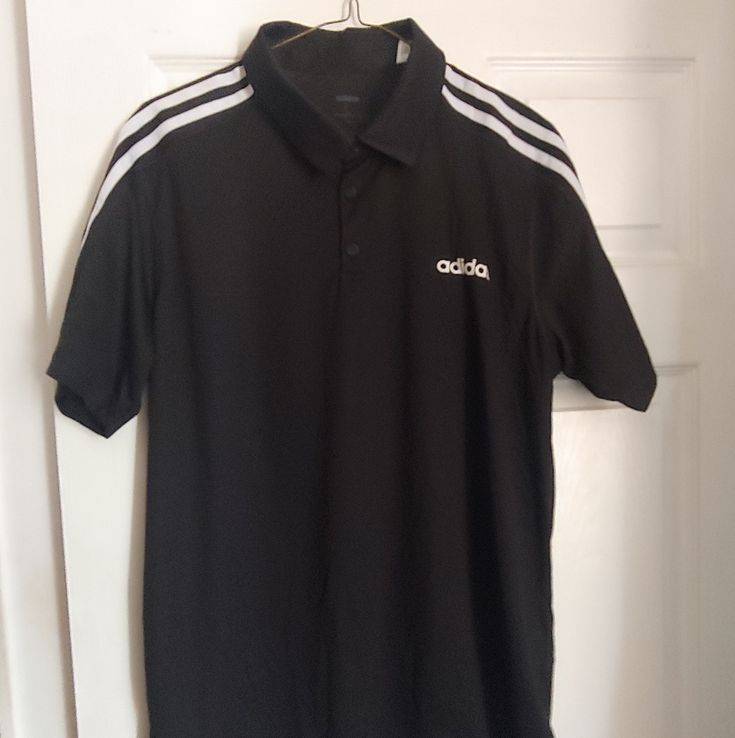 Adidas Climate Boys Polo Shirt Two Sizes. Sizes M And L Black Sporty Polo Collar Top, Casual Black Polo Shirt For Streetwear, Black Polo Shirt For Streetwear In Summer, Sporty Black Cotton Polo Shirt, Casual Black Polo Shirt With Graphic Print, Black Cotton Sporty Polo Shirt, Black Sports Shirt For Summer, Sporty Long Sleeve Black Polo Shirt, Casual Black T-shirt With Three Stripes