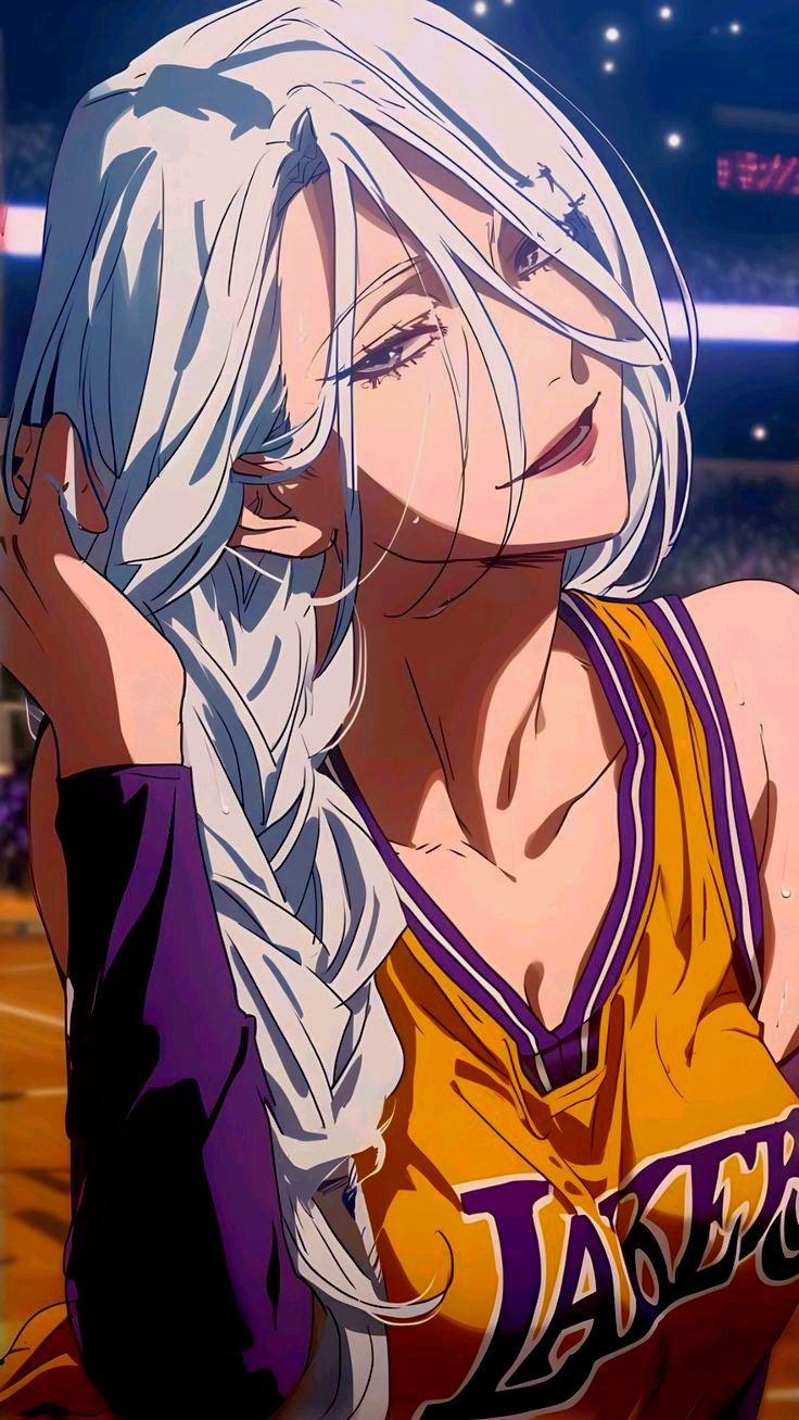 an anime character with long white hair wearing a lakers jersey