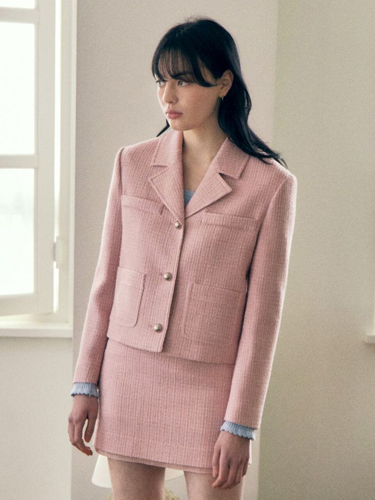 Tweed Outfit, Tweed Material, Elegant Wear, Pink Tweed, Classic Jacket, Tweed Skirt, Korea Fashion, Sophisticated Design, Tweed Jacket