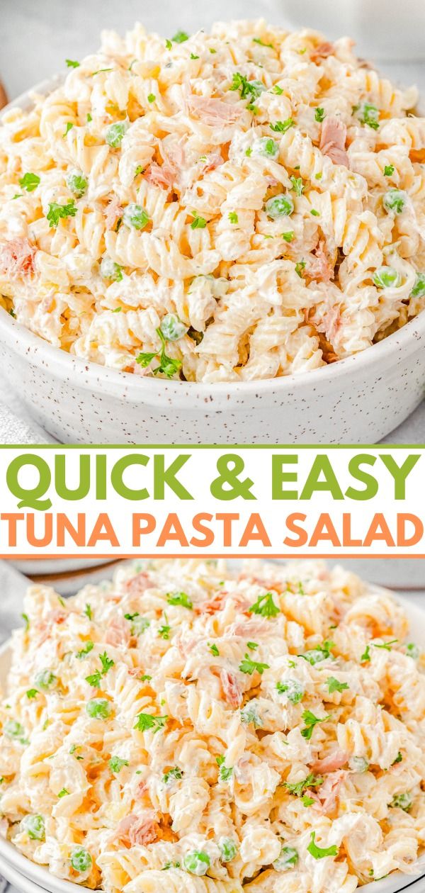 tuna pasta salad in a white bowl with green onions and peas on the side, then topped with mayonnaise