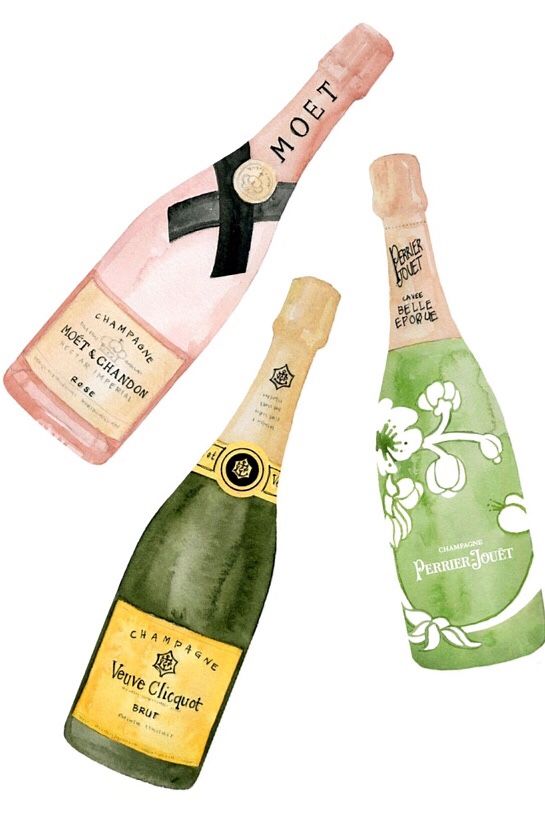 three bottles of champagne are shown in this watercolor painting