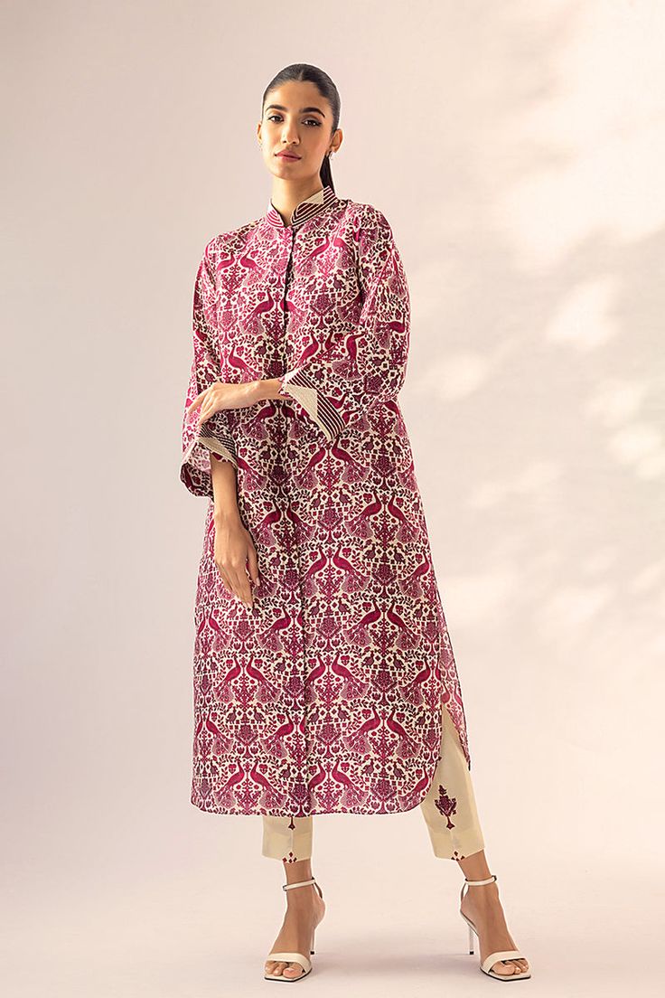 Spring Bollywood Style Slub Silk Kurta, Silk Straight Kurta With Printed Motifs, Designer Silk Kurta With Printed Motifs, Festive Anarkali Kurta With Straight Pants, Red Straight Kurta For Spring, Cotton Silk Kurta With Printed Motifs For Eid, Red Silk Kurta For Spring, Bohemian Straight Kurta In Raw Silk, Red Straight Kurta Salwar Kameez For Spring