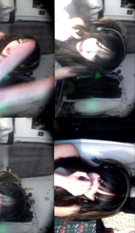 four pictures of a woman with long hair laying on the floor in front of a laptop computer