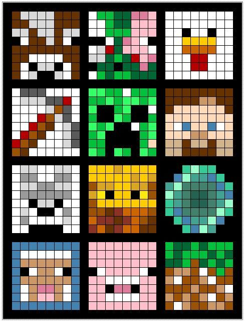 pixel art with different colors and patterns on the sides, including one green eyed person