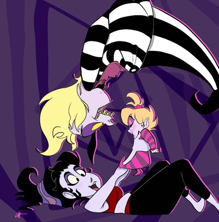 an animated image of two women and one man in front of a purple background with black and white stripes