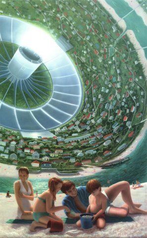 three people are sitting on the beach in front of a futuristic city with green buildings