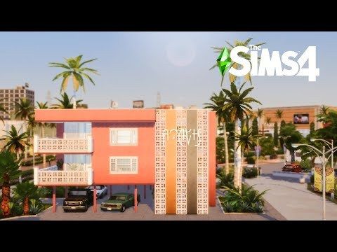 the sims 4 building is shown with palm trees and cars parked in front of it