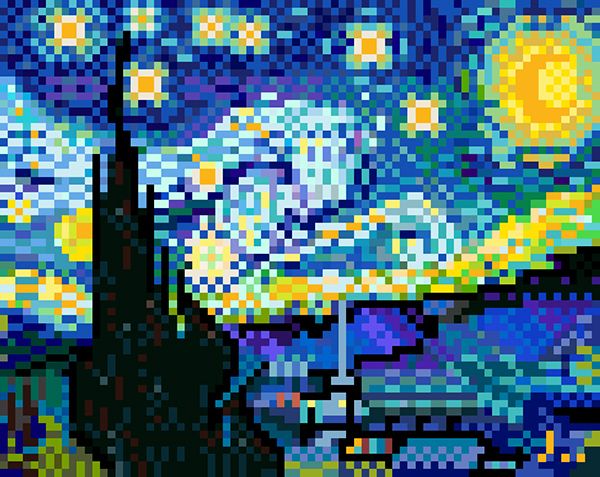 the starry night has been created with pixellated images