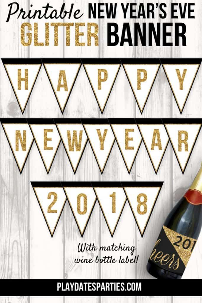 new year's eve banner with champagne bottle and pennants on white wood background