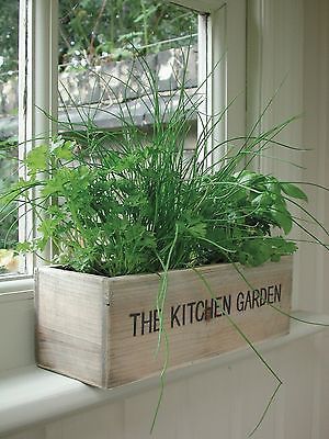 a window sill with a potted plant on it and the words the kitchen garden written in black