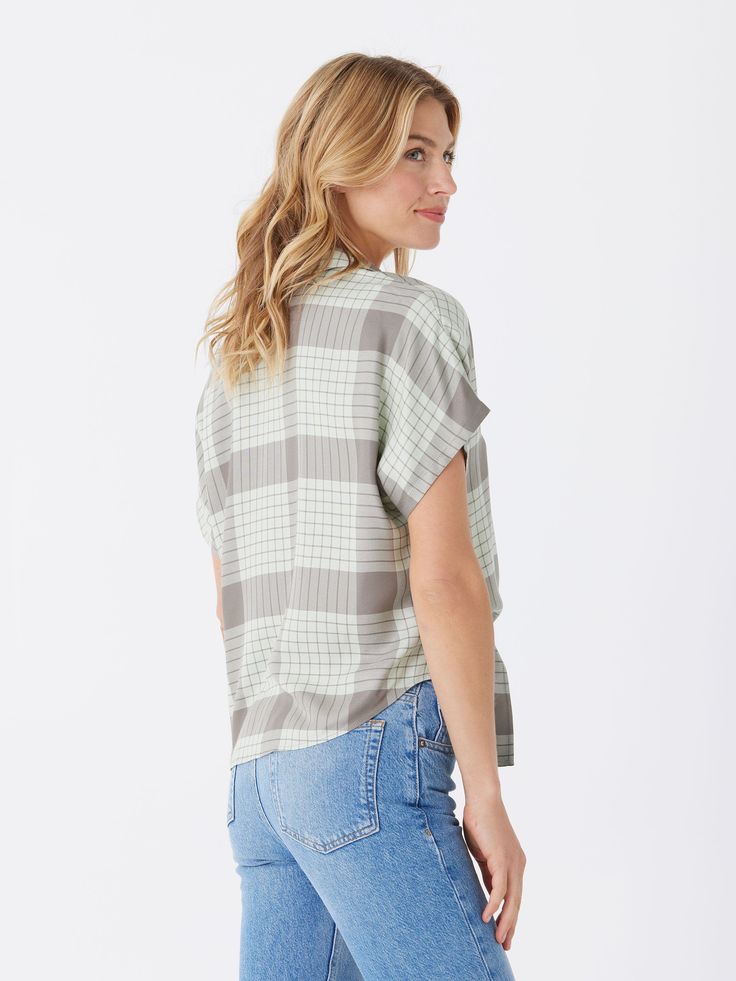 The Sheena Woven Button Up is crafted from 100% sustainable lenzing viscose for guilt-free fashion. It features a drop shoulder design and tie front detail, adding an elevated and stylish touch to any outfit. Free Fashion, Guilt Free, Shoulder Design, Seychelles, Drop Shoulder, Button Up, Plaid, Design