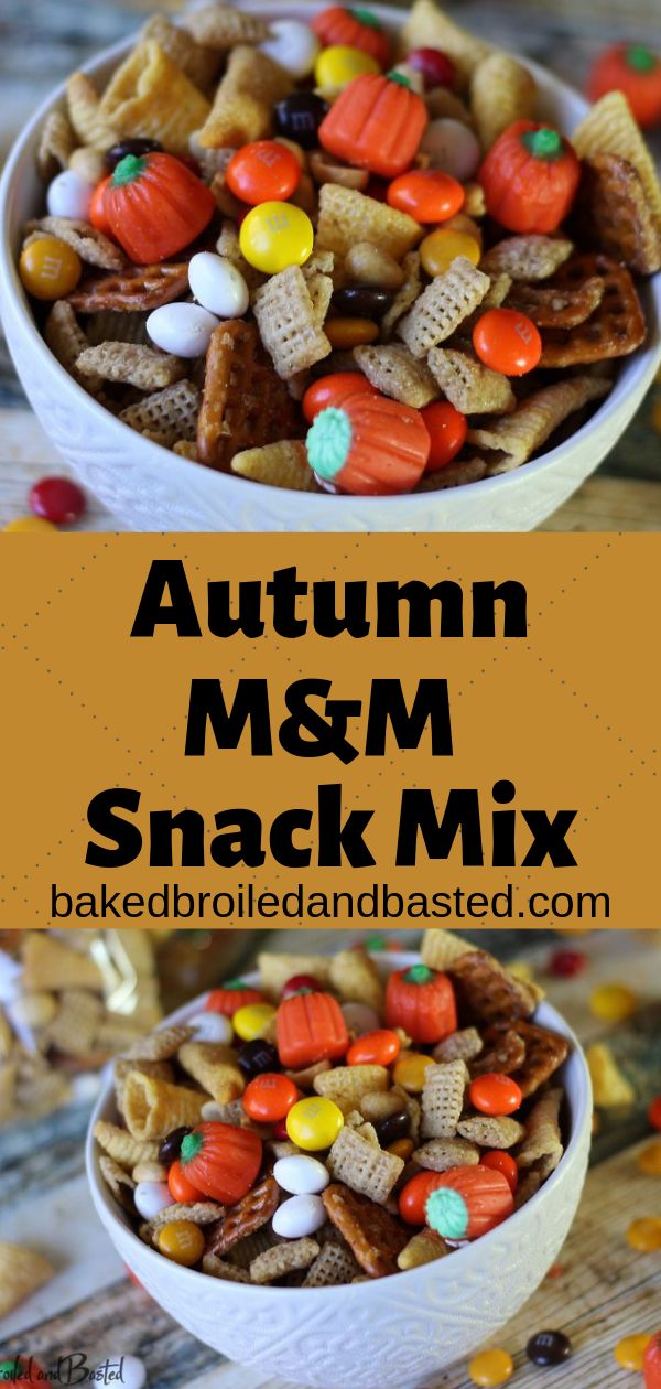 two bowls filled with halloween treats and the words autumn m & m snack mix